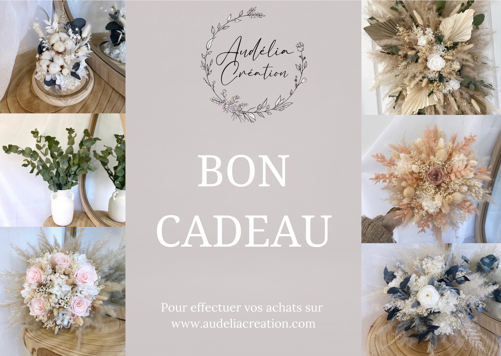 Carte-cadeau Audelia Créations, fleurs séchées et stabilisées.