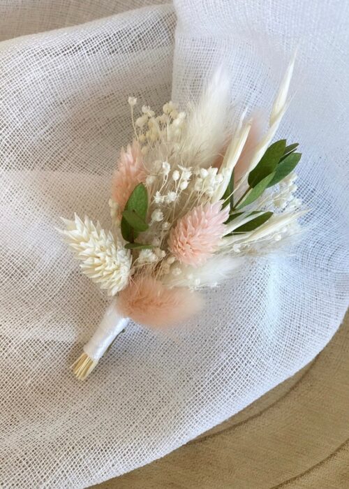 Boutonnière fleurs séchées Rose poudré/Vert