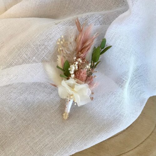 Boutonnière fleurs séchées Vieux rose/Vert