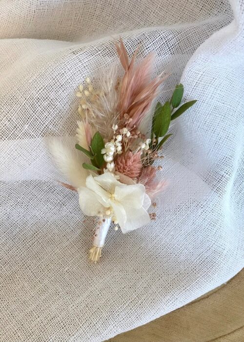 Boutonnière fleurs séchées Vieux rose/Vert